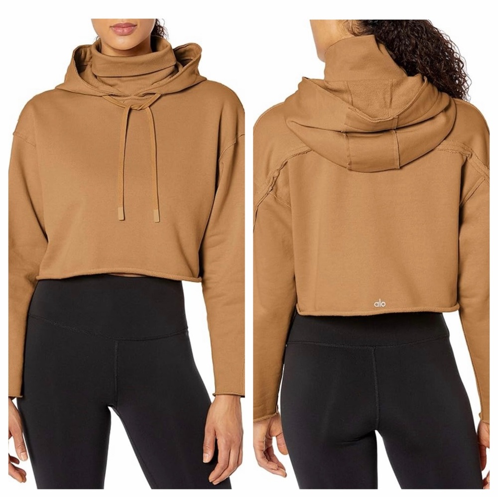 ALO Caramel Brown Effortless Cropped Hoodie Sweatshirt Pullover Sz Medium